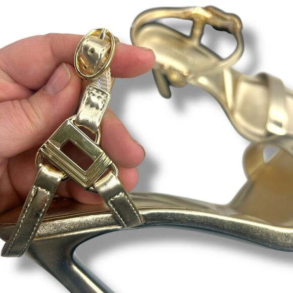 Karl Lagerfeld Gold Strappy Heels Size 8 Metallic Ankle Strap High Stiletto EUC - Picture 8 of 13